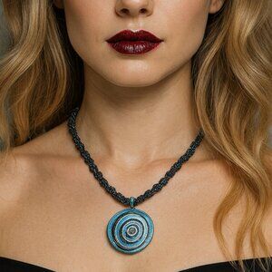 Handcrafted Spiral Heart Pendant Necklace Braided Cord, Silver Blue Black Finish